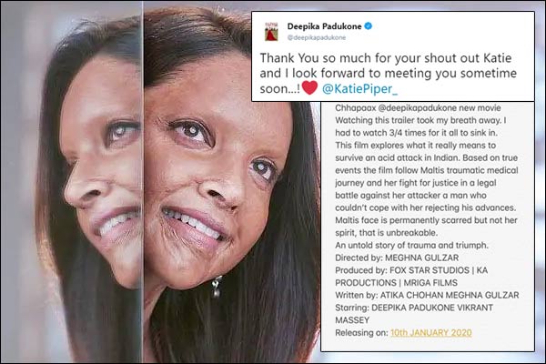 Attack Survivor Katy Piper shares Chhapak trailer and writes Attack Survivor Katy Piper shares Chhapak trailer and writes
