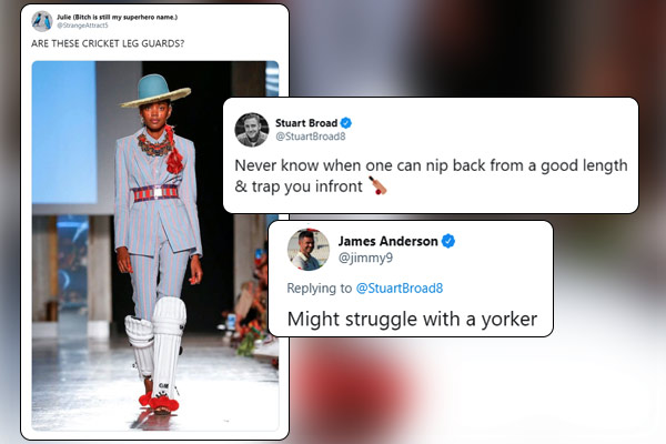 Model catwalk wearing Cricket Pads, Stuart-James reacts Model catwalk wearing Cricket Pads, Stuart-James reacts