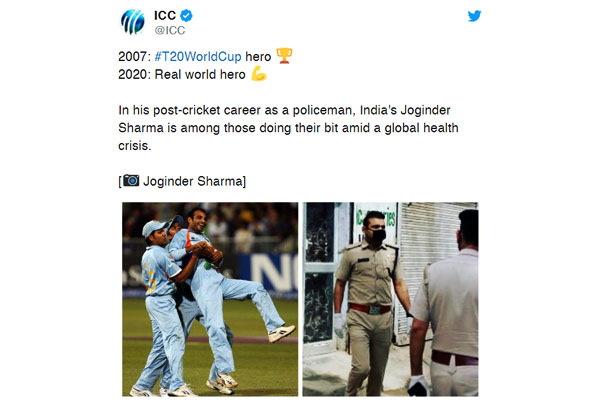 ICC lauds real world hero Joginder Sharma for fighting against coronavirus pandemic ICC lauds real world hero Joginder Sharma for fighting against coronavirus pandemic