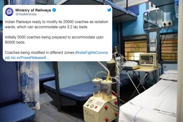 Railways readies 3.2 lakh isolation beds by modifying 20000 coaches Railways readies 3.2 lakh isolation beds by modifying 20000 coaches
