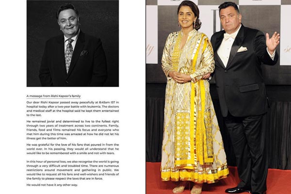 Rishi Kapoor wife Neetu Kapoor shares emotional Instagram post after his demise Rishi Kapoor wife Neetu Kapoor shares emotional Instagram post after his demise