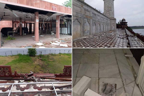 Damage to Taj Mahal due to thunderstorm and rain railing broken trees fell Damage to Taj Mahal due to thunderstorm and rain railing broken trees fell