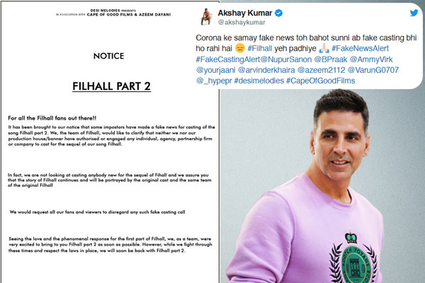 Akshay Kumar warns against fake casting for the song Filhall part 2 Akshay Kumar warns against fake casting for the song Filhall part 2