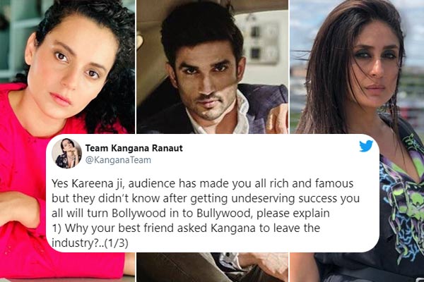 Kangana Ranaut team blames Kareena Kapoor Khan & star kids for Sushant murder Kangana Ranaut team blames Kareena Kapoor Khan & star kids for Sushant murder